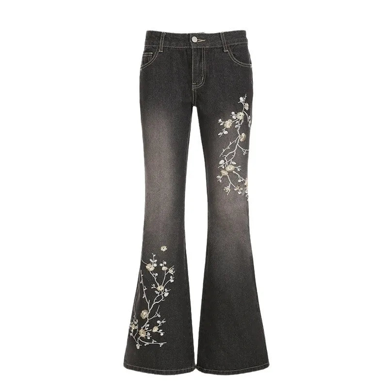 Floral Embroidery Jeans Vintage 2000s Low Rise Flared Jeans Retro Y2k Baggy Denim Pants High Street Basic Trousers