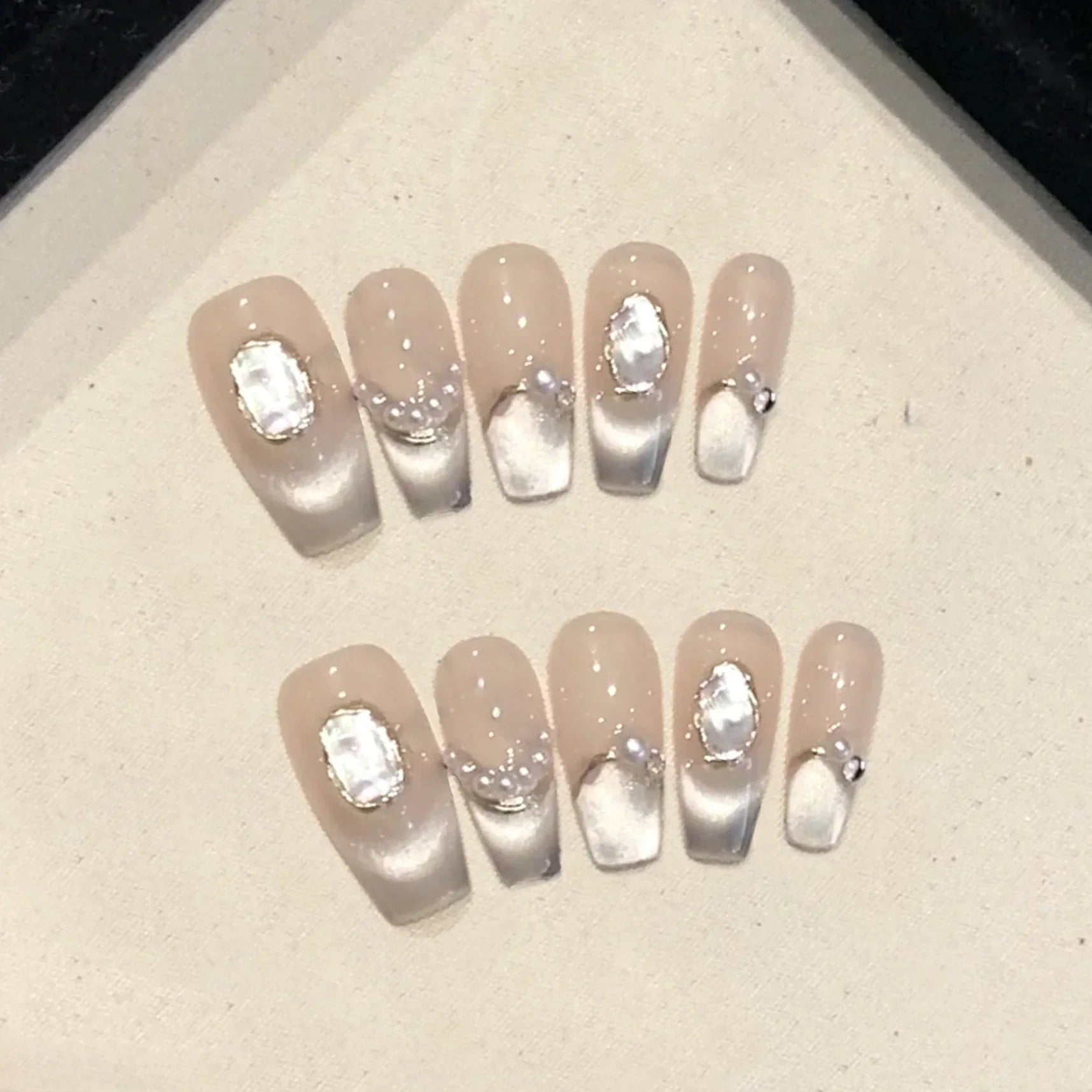 10pcs Aurora Cat Eye Handmade Press on Nails Pink Cherry Blossom False Nails Crystal Flower Pearl Fake Nails French Coffin Nail