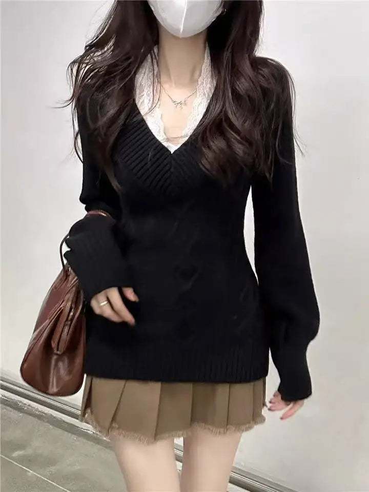 Fashionable Retro V-neck Long-sleeved Sweater Japanese Sweet