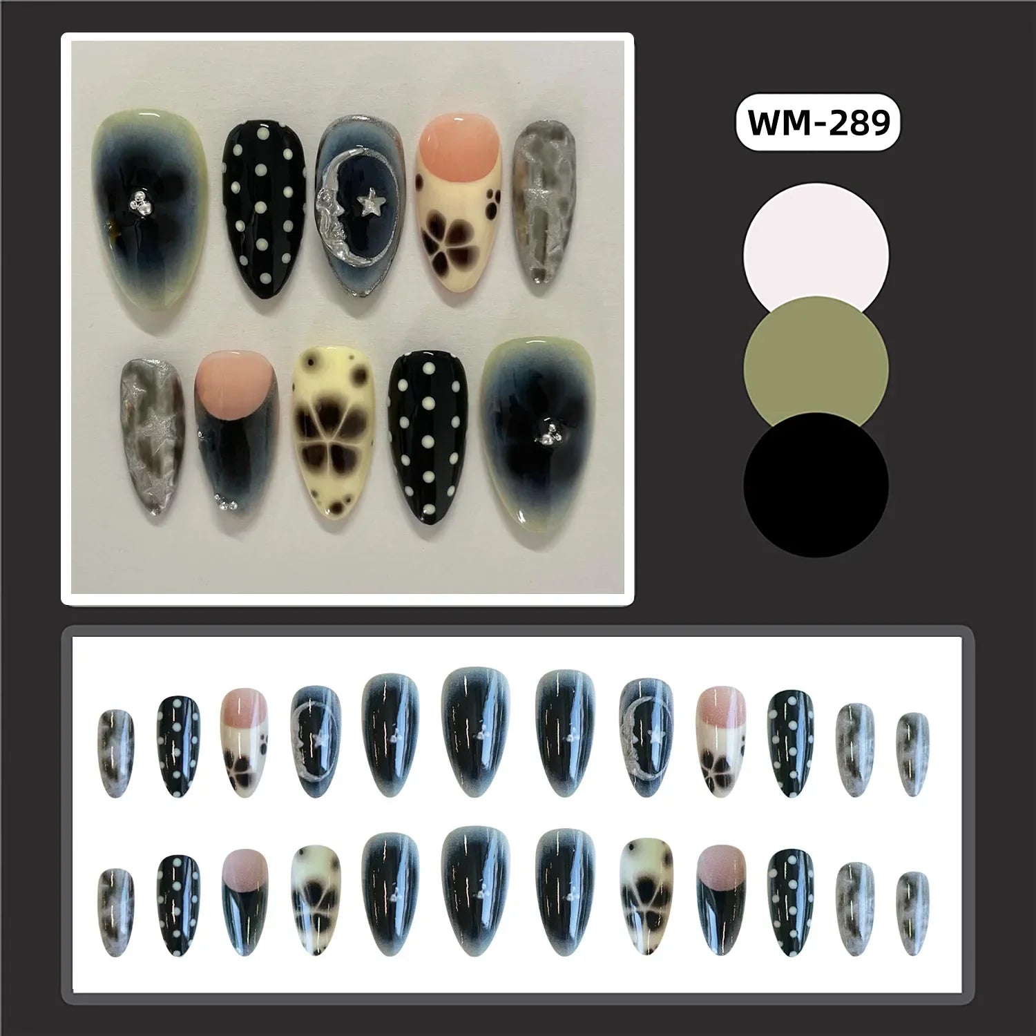 24pcs Smudging Flower Press On Nails Wave Point Designs French Style Almond False Nails Y2k Sweet Cool Fake Nail