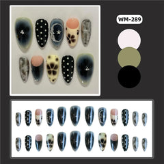 24pcs Smudging Flower Press On Nails Wave Point Designs French Style Almond False Nails Y2k Sweet Cool Fake Nail