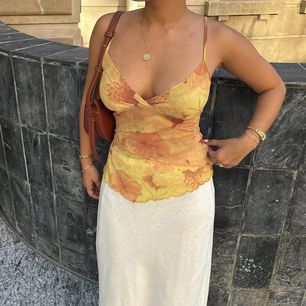 Vintage y2k Crop Tops Floral Print Boho Sleeveless Spaghetti Strap Mesh See Through Coquette Tanks Camis