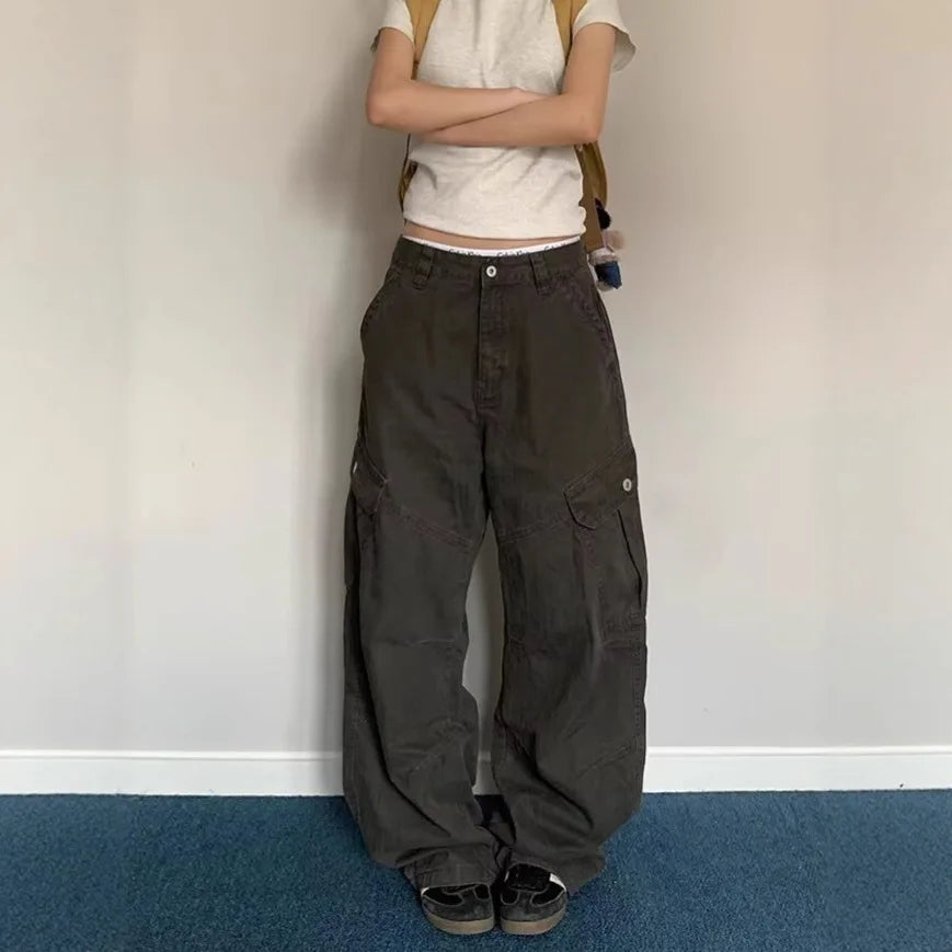 Adjustable Waist American Retro Loose Straight Leg Work Trousers Multiple Pockets Cleanfit Long Pants Comfortable Casual