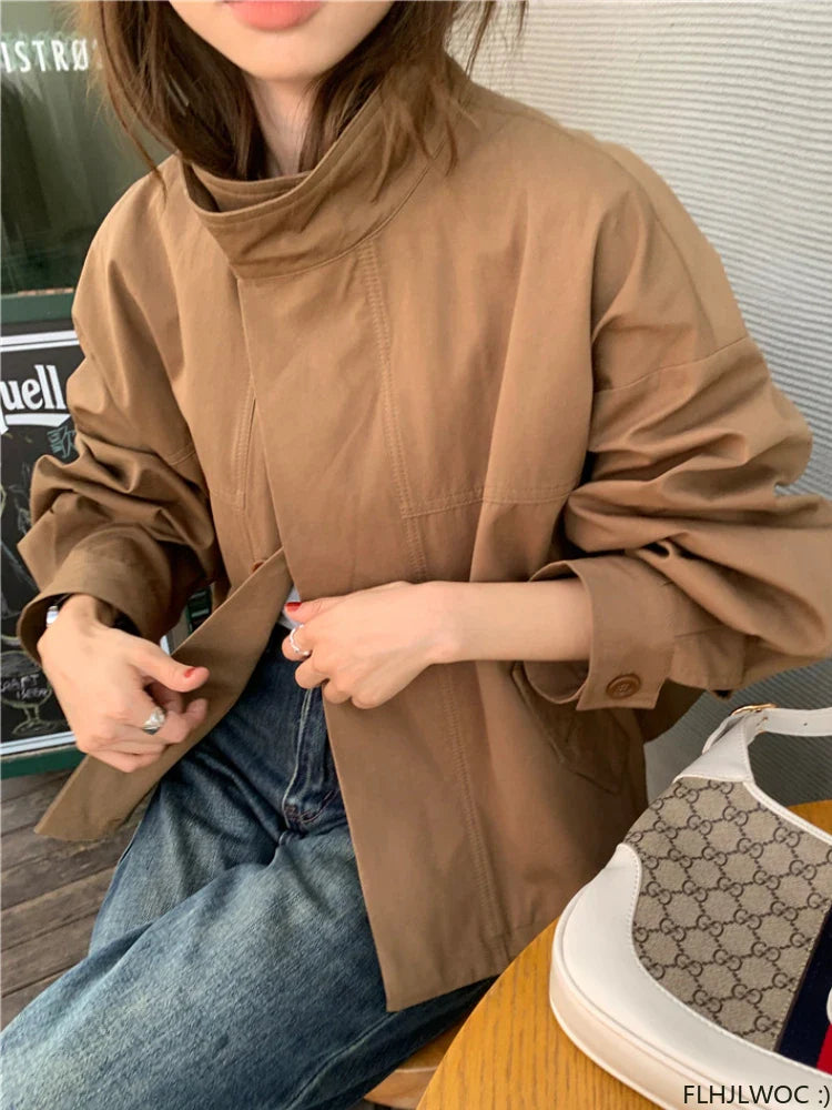 Korea Short Outerwear Casual Loose Lazy Chic Long Sleeve Cotton Blends Windbreaker Coats Thin Thench