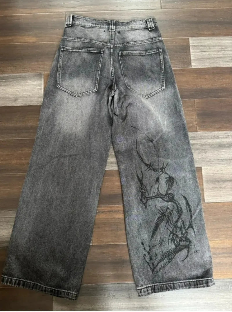 American Harajuku Vintage Print Jeans Y2K Washed Gray Straight Pants Street Gothic Loose Unisex Trousers Tide