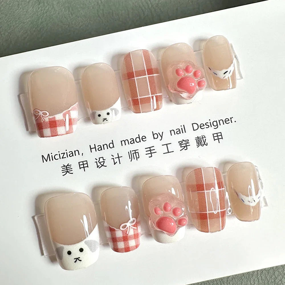 10Pcs Wearable Cat Eyes Series Short Square Press On Nails Kawaii Cartoon Cat Rabbit Rhinestone Gradients Full Cover False Nails