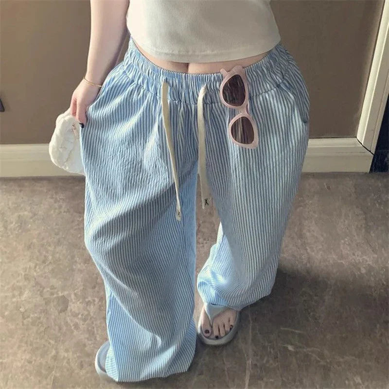 Japanese Striped Thin Wide Leg Pants Loose Lazy Style Casual Pants Y2K Baggy All Match Straight Trousers