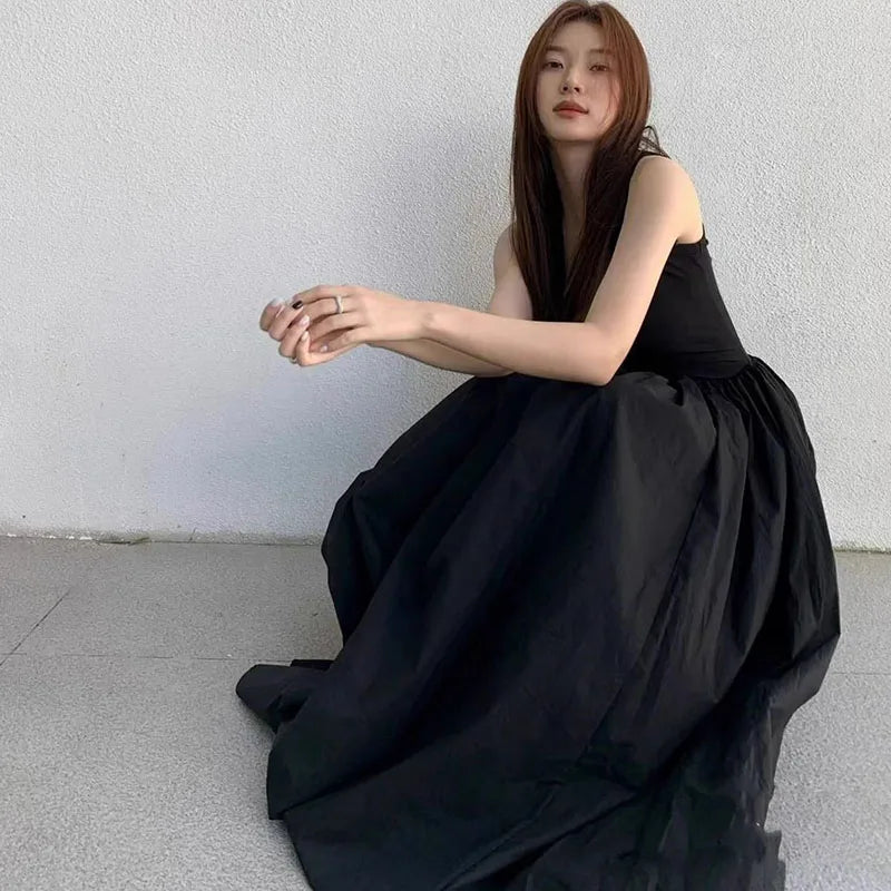 Black Strapless Long Dress Slim Sleeveless O-Neck High Waist Dresses Party Vestidos