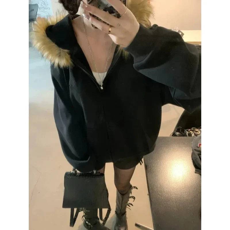 Korean Sweatshirts Harajuku Gothic Printed Coats Jackets Subculture Vintage Faux Fur Hooded Casual Y2k Clothing