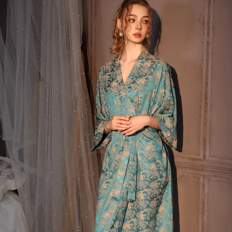 Luxury Jacquard Long Robe Nightgown Half Sleeve Kimono Bathrobe Gown Satin Ice Silk Sleepwear Home Dress Lounge Wear