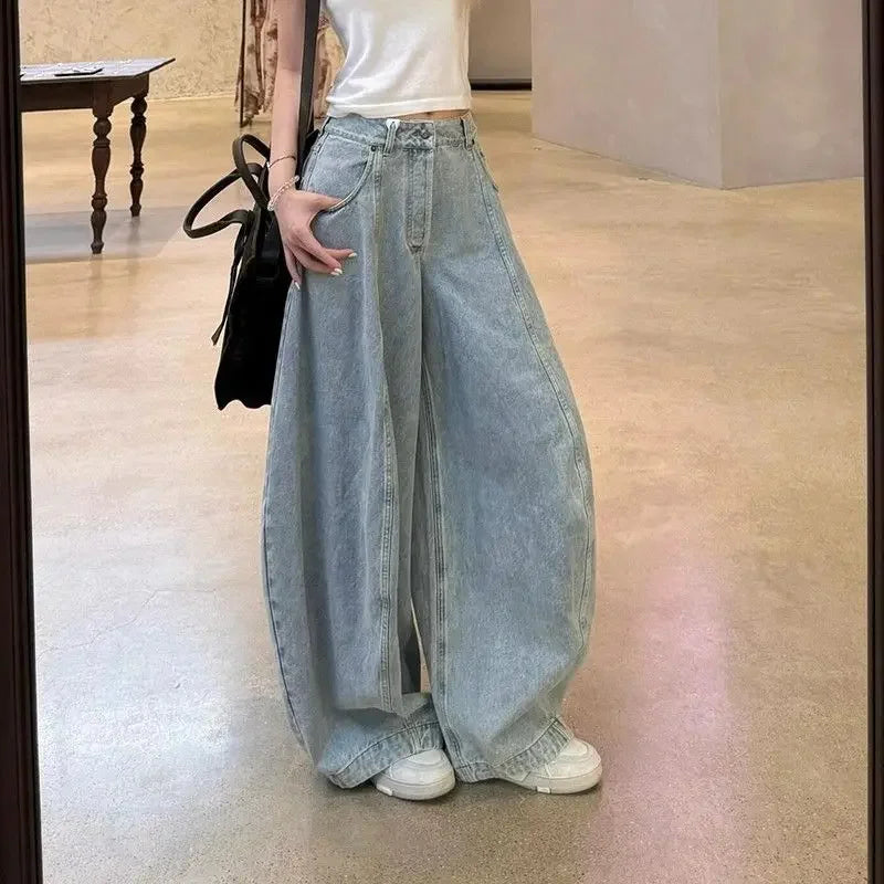 American Washed Loose Wide Leg Knife Edge Jeans High Waist Loose Slimming Floor Length Pants