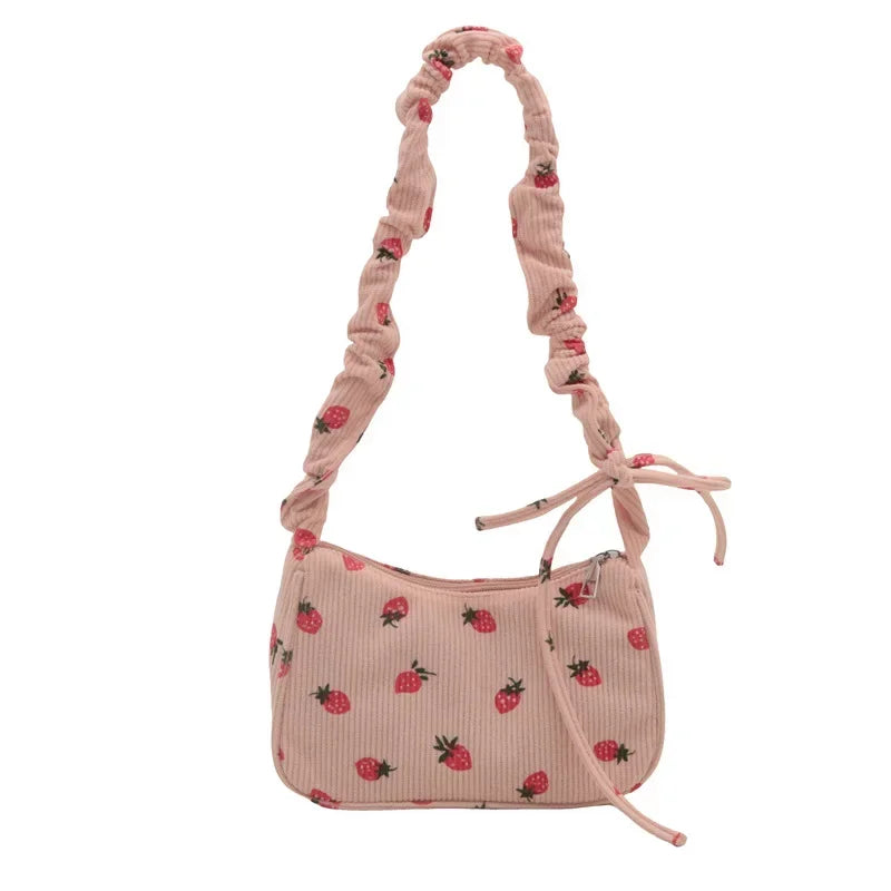Small Underarm Bag Corduroy Handbag Cute Strawberry Print Little Tote Half Moon Design Eco Cloth Purse Mini Shoulder Bags