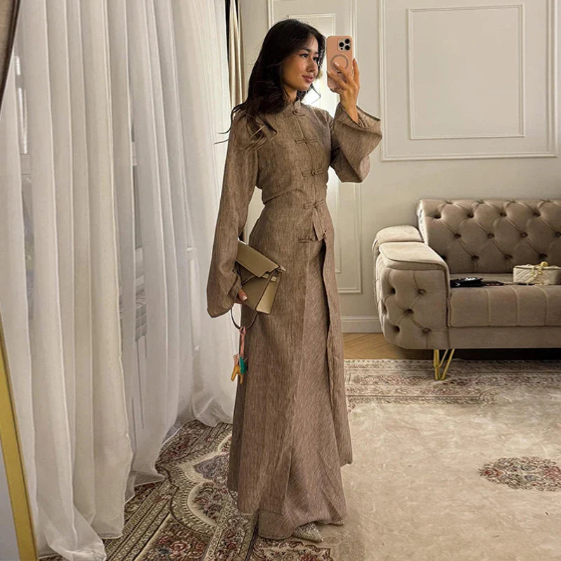 Elegant Top Skirt Sets Chinese Buckle Full Sleeve Long Coat A-line Maxi Skirts Set Lady Suits