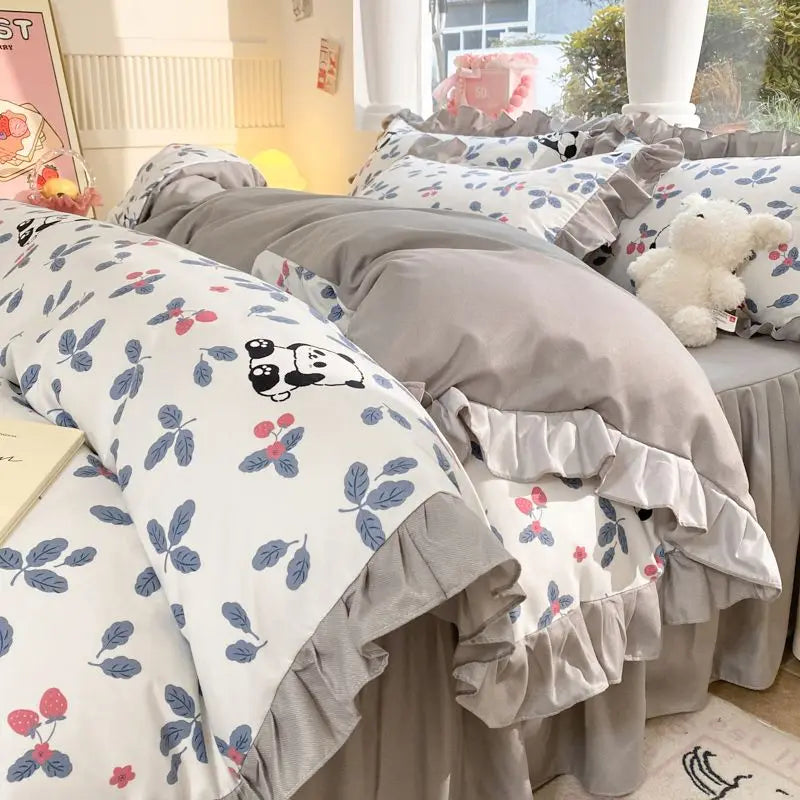 Cartoon Washed Cotton Bed Sheet Four-piece Set Non-cotton Thickened Brushed Quilt Cover Bed Skirt Style Princess Style Bedroom
