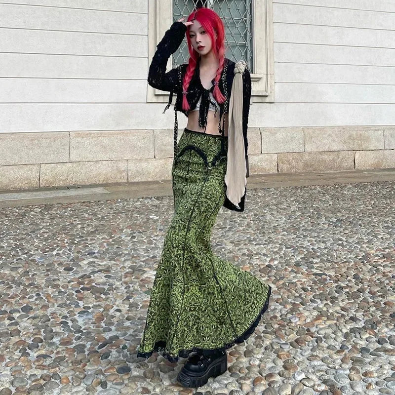 Rural girl style lace color contrast bag buttock fishtail dress cross-border retro low-rise slim-fit skirt