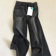 Lady Retro Black Gray High Waist Jeans Straight Leg Denim Trousers Girls Loose Fit Thin Casual Pants