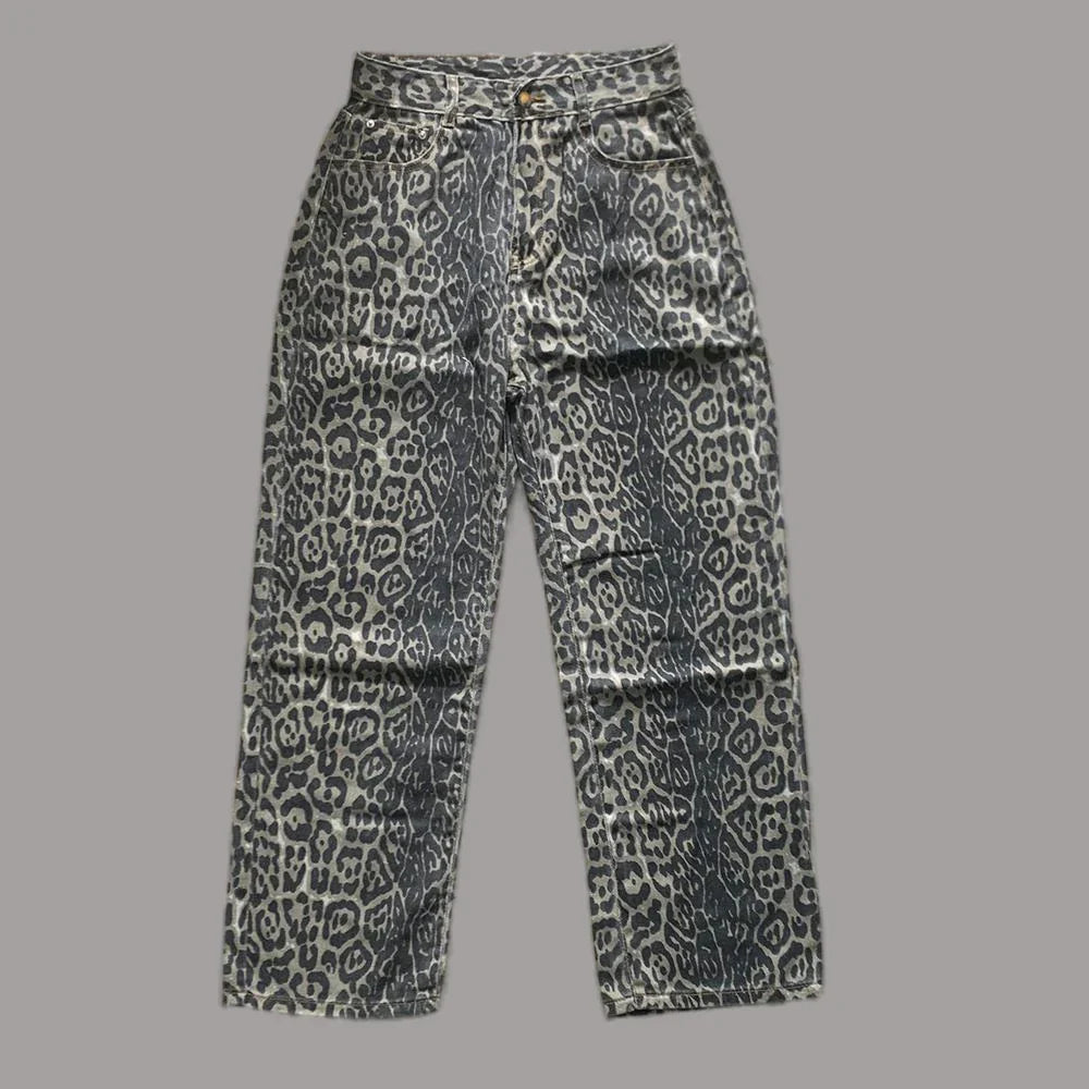 Jeans Leopard High Waist Hip Hop Straight Pants Streetwear Harajuku Y2K Style Wide Leg Denim Trousers