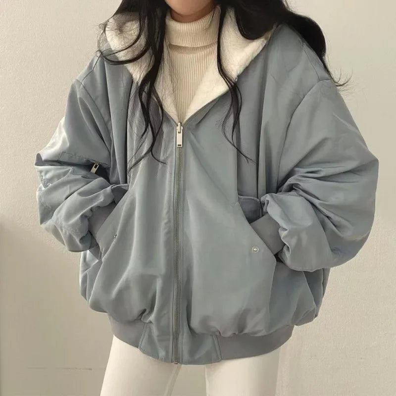 Korean Style Fleece-lined Thickened Double-sided Wear Lamb Wool Cotton-padded Coat Clothing Loose-fit Hooded Top