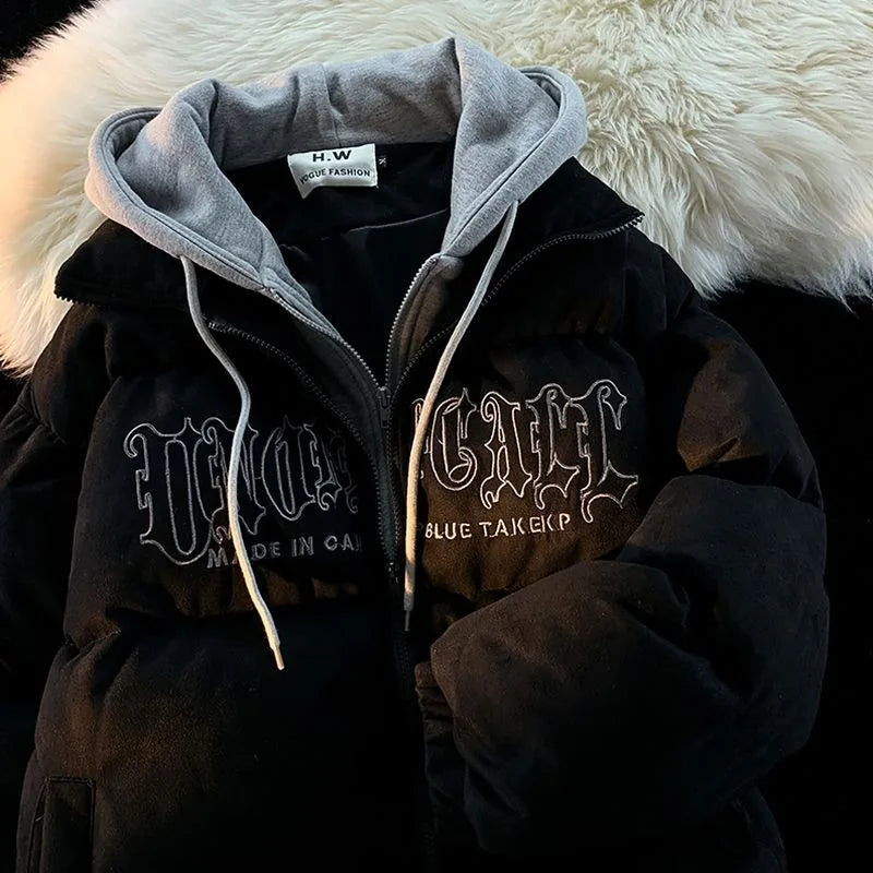 American Niche Ins Fake Two-piece Hooded Bread Coat Y2K Street Loose Retro Couple Coat Tide