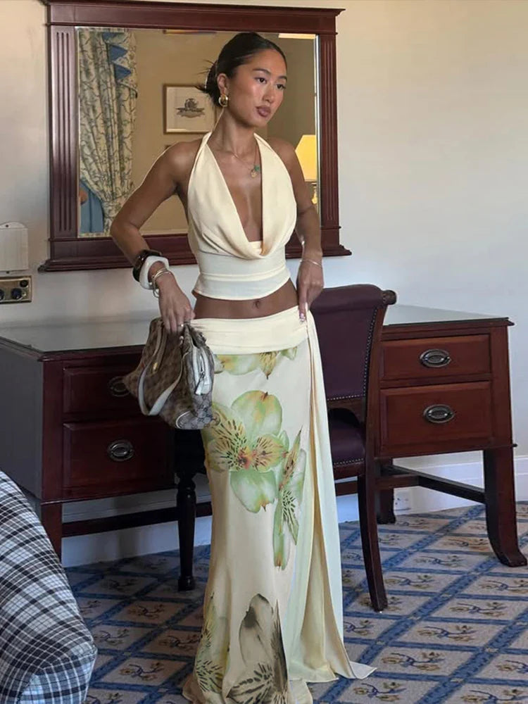 Weird Puss Elegant 3 Piece Set Stack Trend Halter Tops+Split Tassel Tassel+Flowers Mesh Skirts Matching Vacation Clubwear