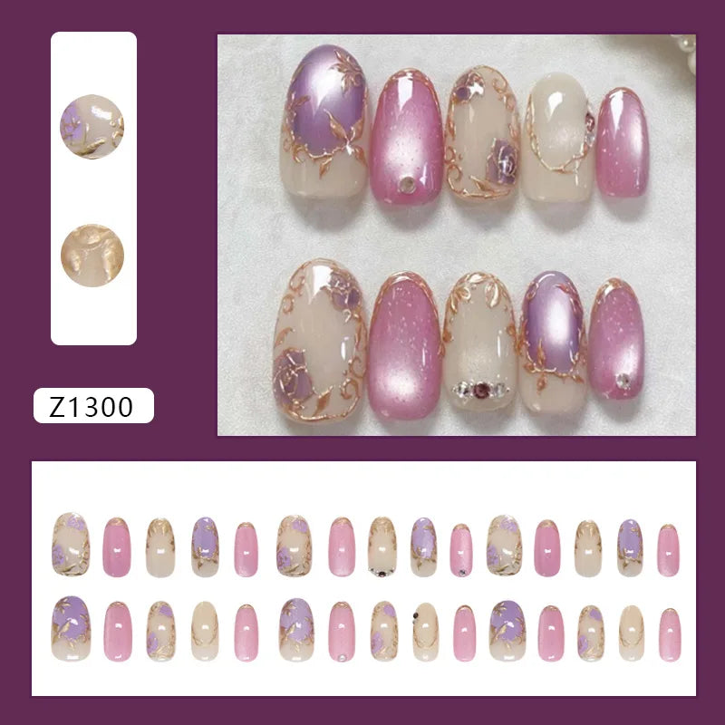 24pcs False Nails Glossy Green Almond Fake Nail Tips Wearable Detachable Flower Print Press on Nails