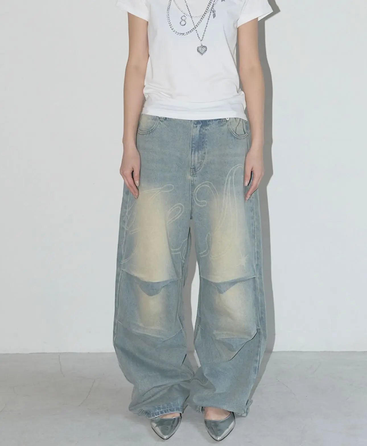 Light Colour Trend Dressing Up Korean Style Simple Baggy Angel Printed Jeans Necessary Solid Retro Straight Pants