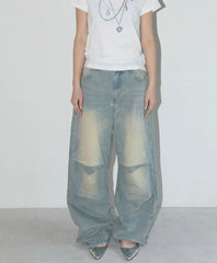 Light Colour Trend Dressing Up Korean Style Simple Baggy Angel Printed Jeans Necessary Solid Retro Straight Pants