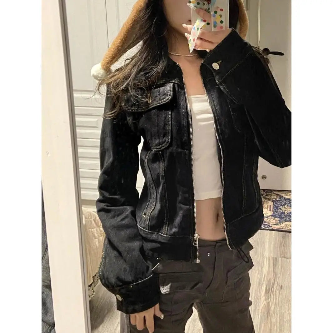 solid color zipper denim jacket