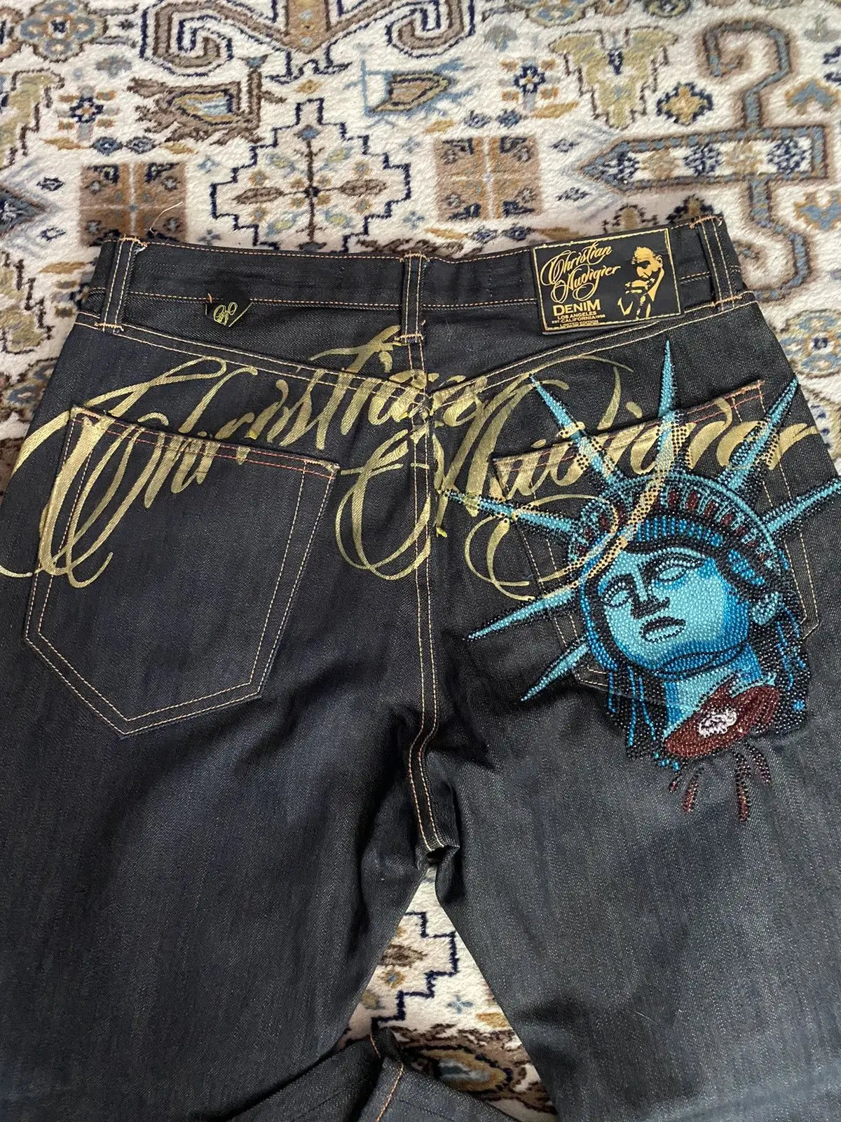 Harajuku Y2k 2000s Clothing Vintage Statue of liberty Diamonds Jeans Casual Denim Pants High Waist Straight Wide Leg Jeans