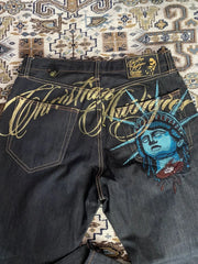 Harajuku Y2k 2000s Clothing Vintage Statue of liberty Diamonds Jeans Casual Denim Pants High Waist Straight Wide Leg Jeans
