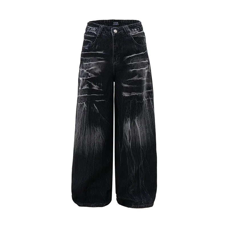 Korean Vintage Jeans Lightning Pattern Design Loose Straight Leg Pants Casual Black Pants