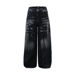 Korean Vintage Jeans Lightning Pattern Design Loose Straight Leg Pants Casual Black Pants