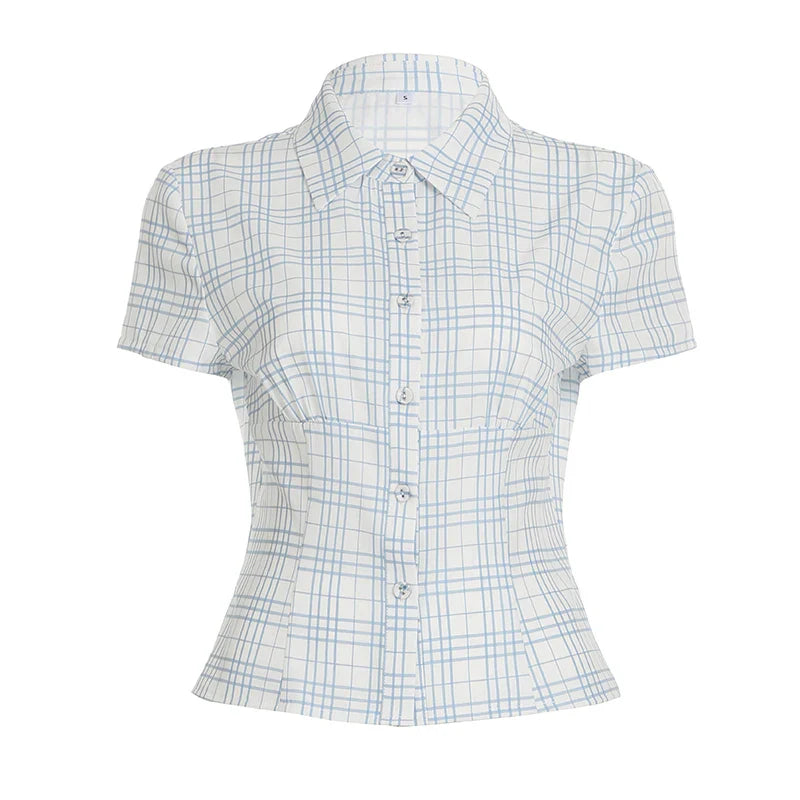 Rockmoer French Stripe Blouse Button-up Lapel Slim Shirt Y2K Vintage Street Elegant Short Sleeve Tops Preppy Downtown Girl