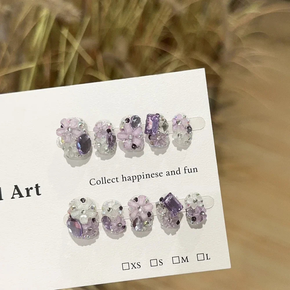 Sweet Lovely Cartoon Bear Long Coffin Stiletto Fake Nails Bowknot Pearl Diamond Flowers Cat Eyes Wearable Fake Nails