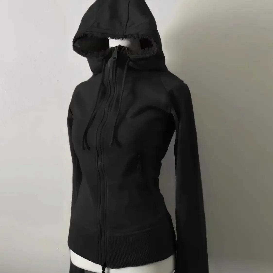 Y2k Grey Retro Wool Double Zipper Design Vintage Hooded Sweatshirt Cardigan Spring