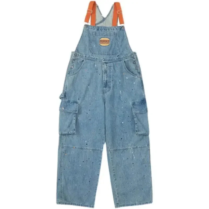 Cool Girl Style Embroidered Spicy Ink Denim Strap Jumpsuits /Large Loose