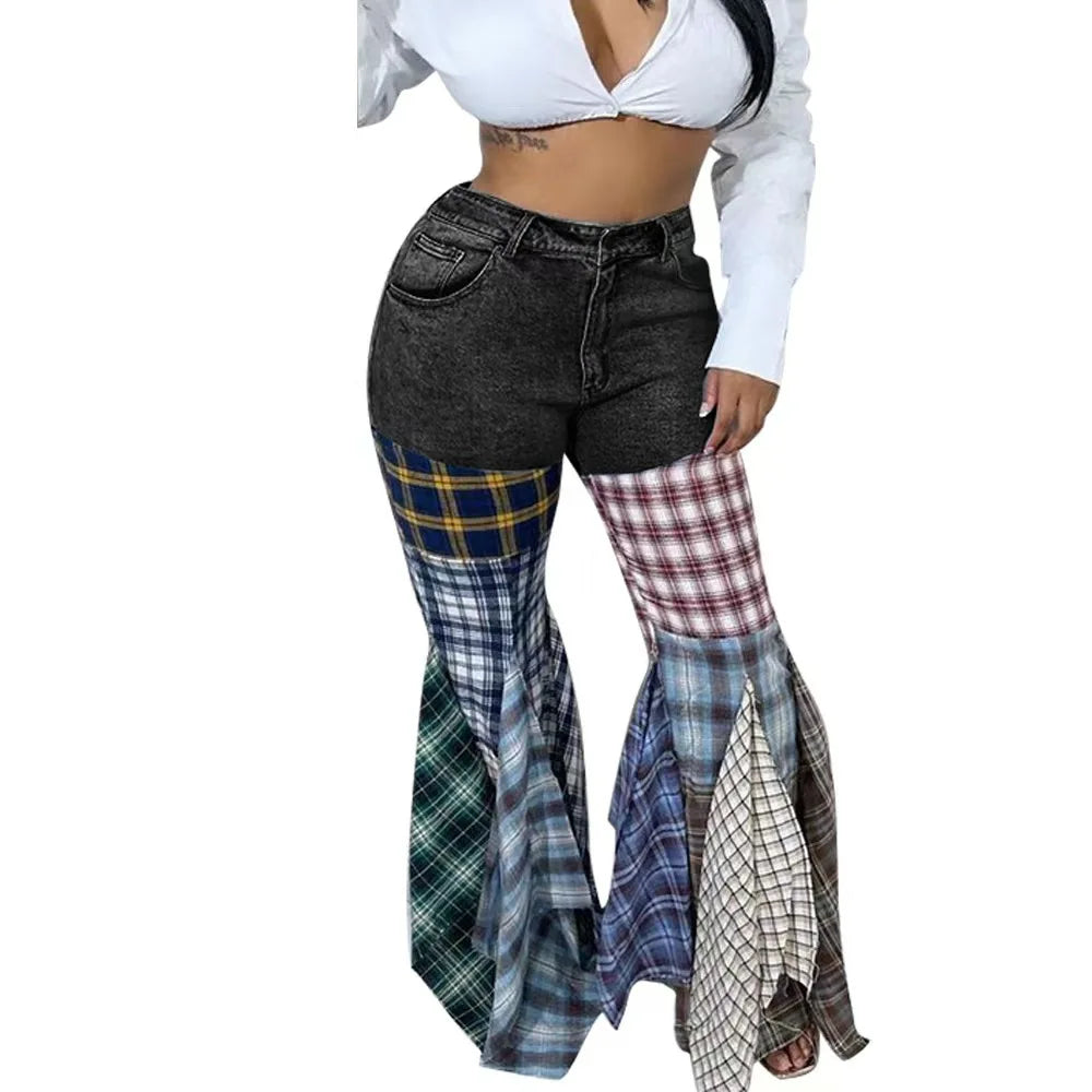 Jeans Spliced Houndstooth Denim Ruffle Edge Flared High Waist Jeans Trousers Streetwear