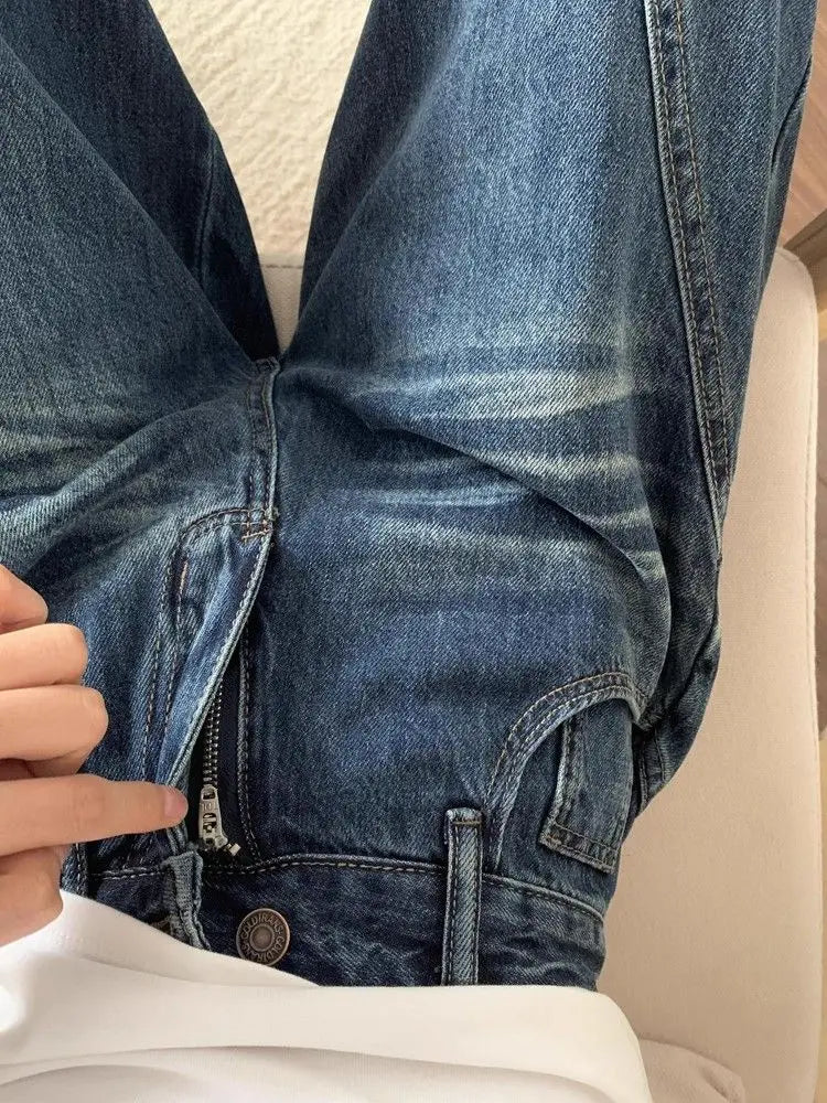 Blue High Street Wide Leg Jeans Loose Slimming Drapey Straight Floor-Length Pants Ladies Denim