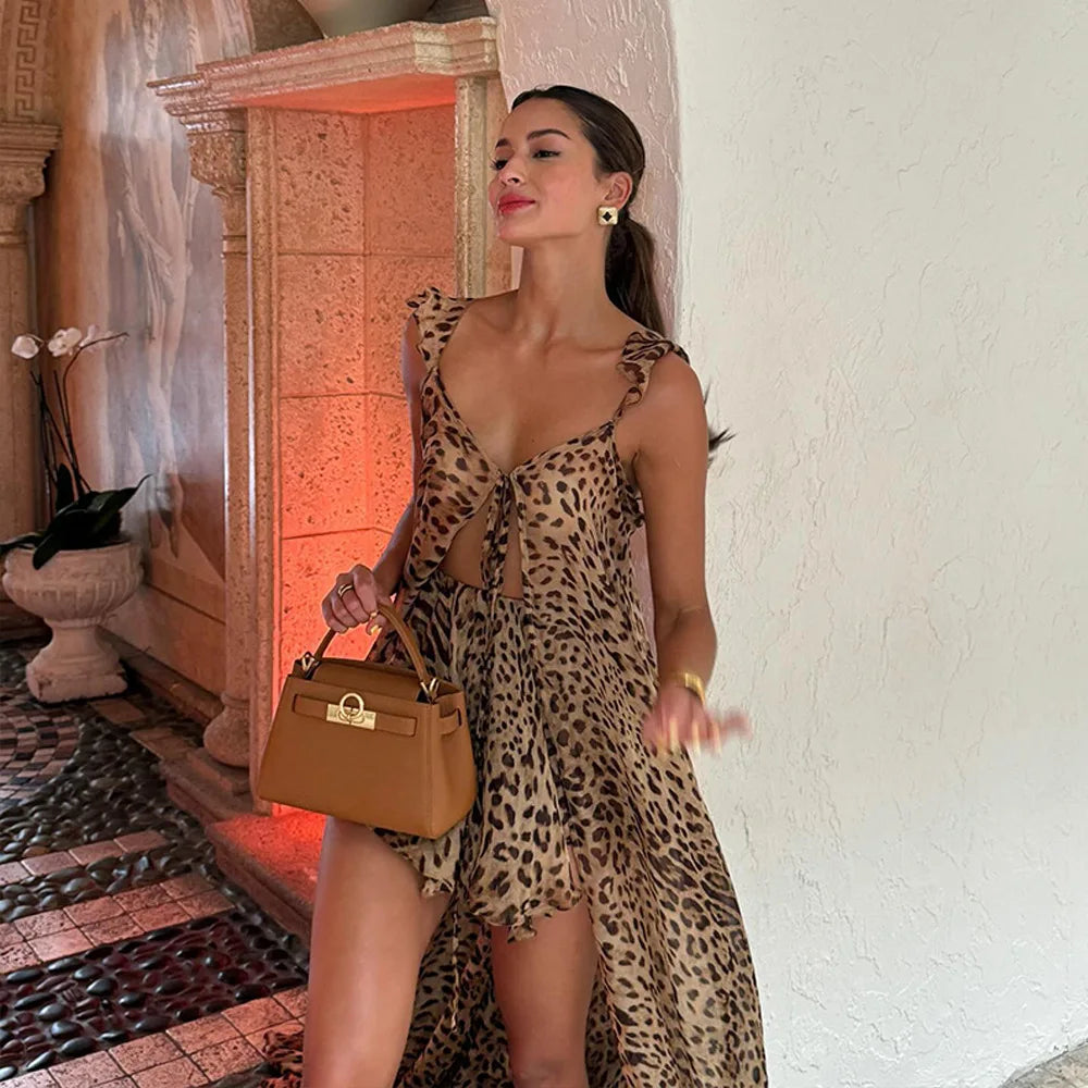 Beach Vacation Dress Set Chiffon Print Halter Long Dress Loose Leopard Print Shorts Elegant Casual Outfit