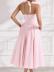 Elegant V-Neck Pleated Long Dresses High Waist French Style V-neck Backless Lace-up Vacation Vestidos