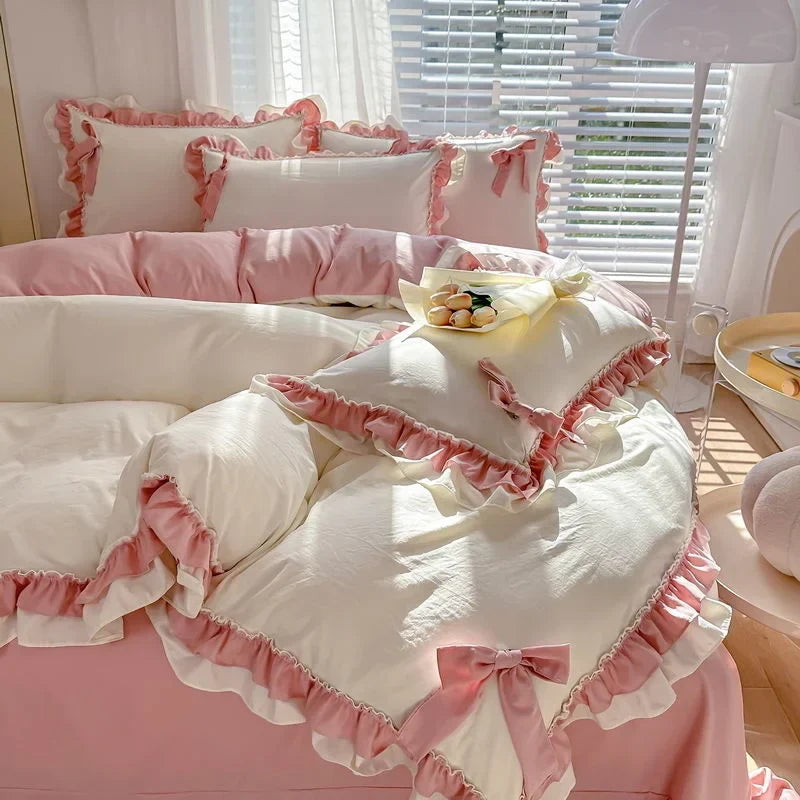 Green Princess Bedding Set Double Layer Lace Bow Quilt Cover Sheet
