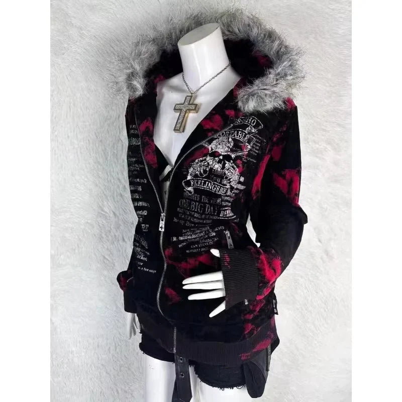 Skull Embroidery Super Leopard Hooded Sweater Y2K Gothic Hip Hop Casual Joker Sweatshirt