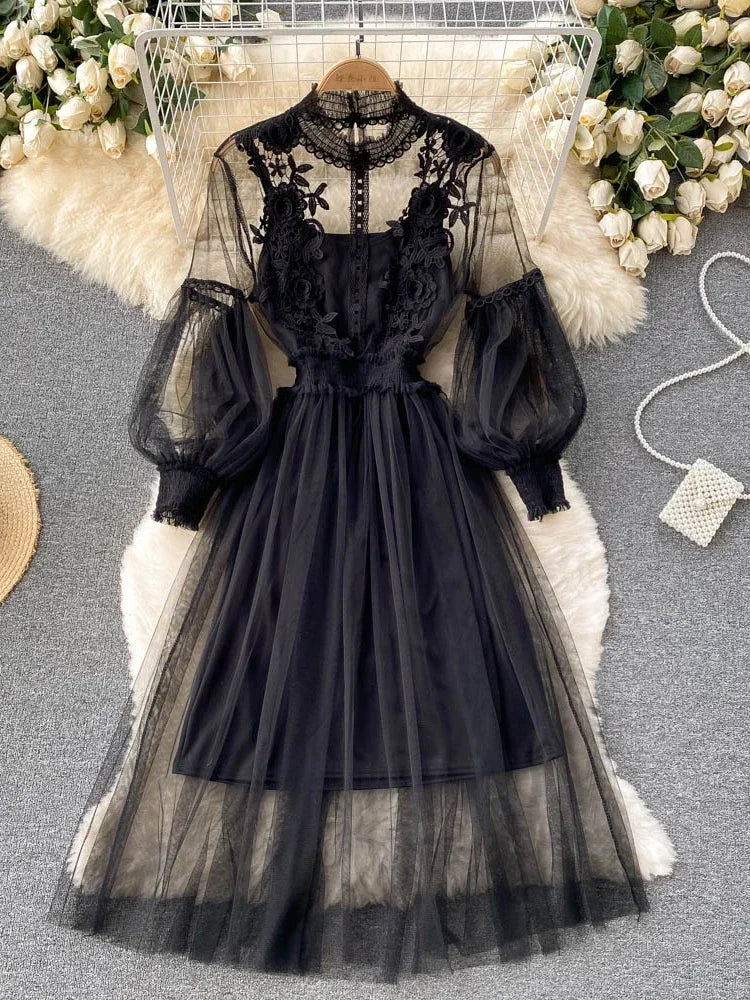 Ladies Dress Three-dimensional Flower Hook Mesh Temperament Stand Collar Lantern Sleeve High Waist Slim Dresses