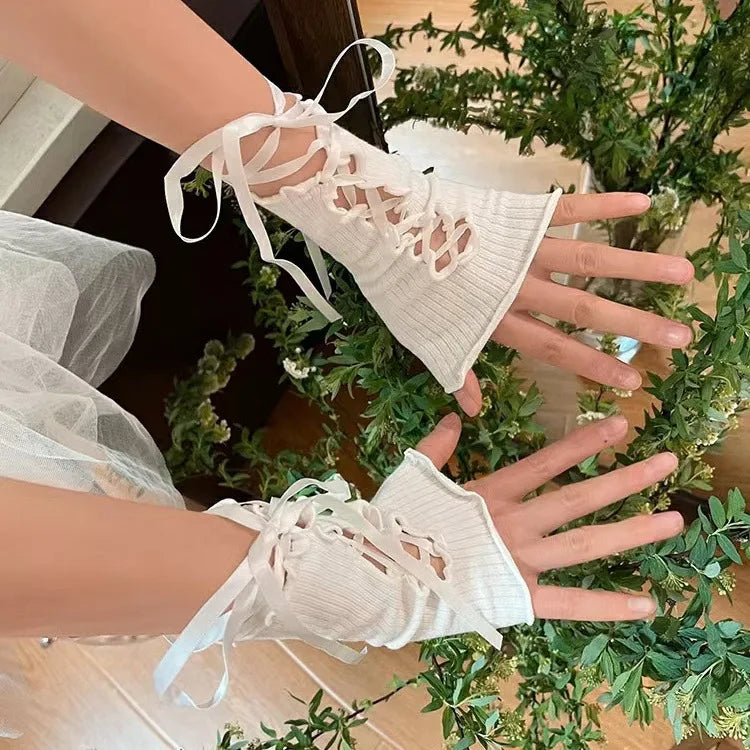 Lolita Gloves Ballet Style White Lace Sleeves Thin Sunscreen Spicy Y2K Girl Strap Gloves