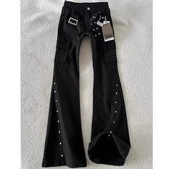 American Retro Dark Gothic Jeans High-street Mid-rise Rivet-decorated Flared Pants Y2K 2000s Cargo Pants