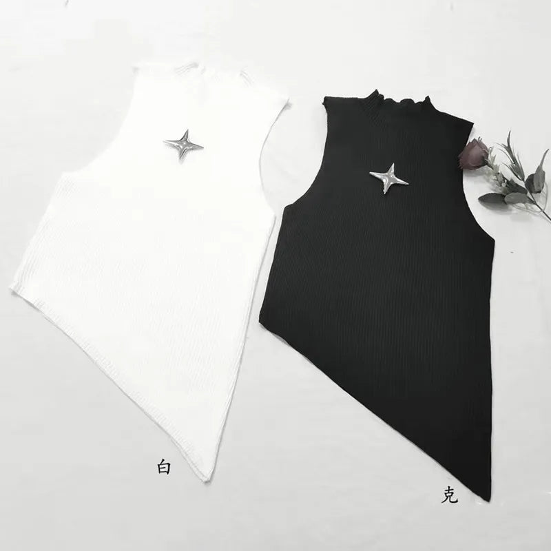 Y2K Crop Knit Top e-girl Sleeveless Asymmetrical Hem High Neck Stretchy Fitted Sweater Vest 90s Outfit