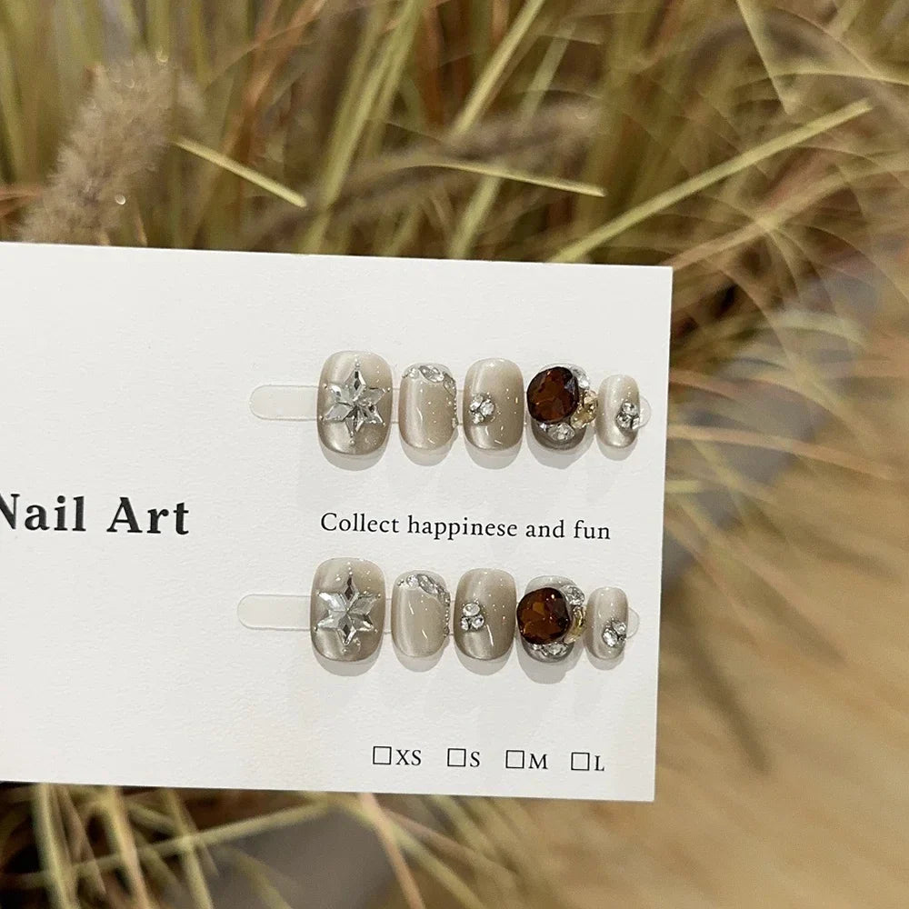 Sweet Lovely Cartoon Bear Long Coffin Stiletto Fake Nails Bowknot Pearl Diamond Flowers Cat Eyes Wearable Fake Nails