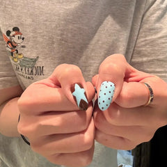 10pcs Handmade French Short Press On Nails Blue Brown Polka Dot Bow Star Design Fake Nail Wearable Nail Art Tips