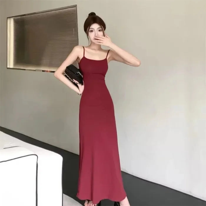 Elastic Tank Dress Sleeveless Off-The-Shoulder Waist-Fitted Slimming Long Dress Off-Shoulder Base Layer