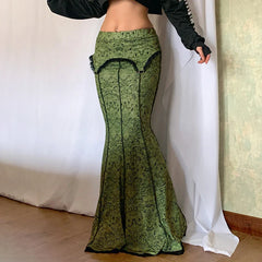 Vintage Elegant Green Trumpet Long Skirt Graphic Printed Lace Trim Y2K High Waist Skirt 2000s Aesthetic